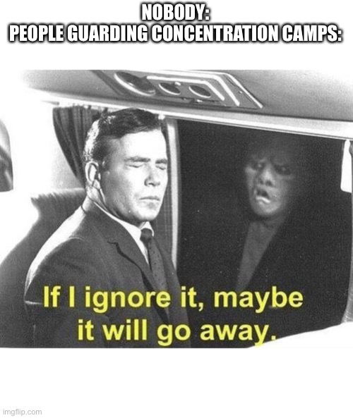 ... | NOBODY:
PEOPLE GUARDING CONCENTRATION CAMPS: | image tagged in ignore it go away | made w/ Imgflip meme maker