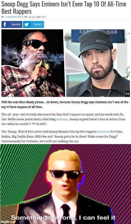 oof. rappers who diss Eminem do not have a great history of making it out alive | image tagged in somethings wrong,diss,rapper,rappers,snoop dogg,eminem | made w/ Imgflip meme maker