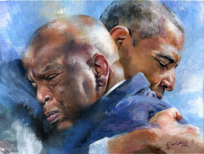 Wow. The emotion of this is overwhelming. Passing the torch, one generation to the next. We'll miss you, John Lewis. | image tagged in obama john lewis portrait,obama,portrait,painting,artwork,civil rights | made w/ Imgflip meme maker