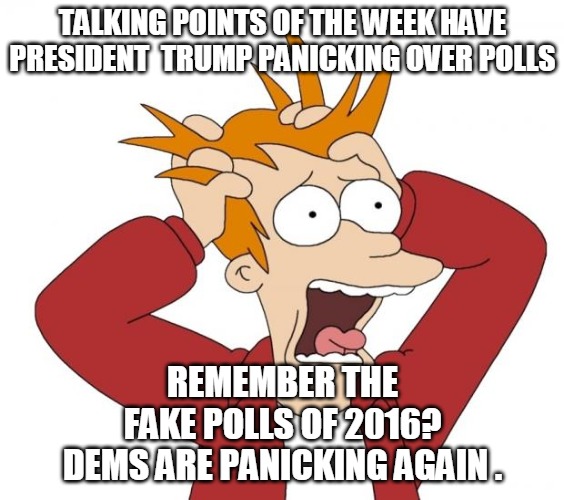 Fake Poll Panic | TALKING POINTS OF THE WEEK HAVE PRESIDENT  TRUMP PANICKING OVER POLLS; REMEMBER THE
FAKE POLLS OF 2016?
DEMS ARE PANICKING AGAIN . | image tagged in panic,talking points,trump,polls,fake,dems | made w/ Imgflip meme maker