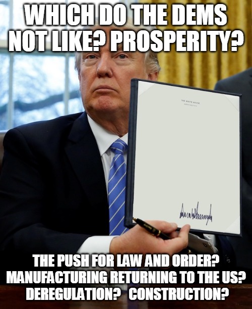 Which do the Dems not like? | WHICH DO THE DEMS NOT LIKE? PROSPERITY? THE PUSH FOR LAW AND ORDER? MANUFACTURING RETURNING TO THE US?
 DEREGULATION?   CONSTRUCTION? | image tagged in dems,prosperity,law and order,deregulation,manufacturing,construction | made w/ Imgflip meme maker