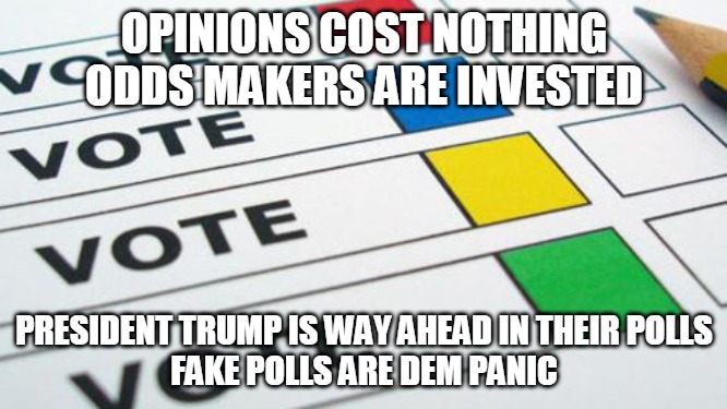 Fake Polls are Dem Panic | OPINIONS COST NOTHING
ODDS MAKERS ARE INVESTED; PRESIDENT TRUMP IS WAY AHEAD IN THEIR POLLS
FAKE POLLS ARE DEM PANIC | image tagged in opinion,odds,invested,trump,fake polls,panic | made w/ Imgflip meme maker