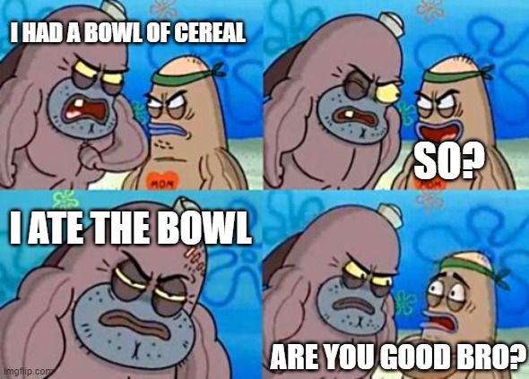 How Tough Are You | I HAD A BOWL OF CEREAL; SO? I ATE THE BOWL; ARE YOU GOOD BRO? | image tagged in memes,how tough are you | made w/ Imgflip meme maker
