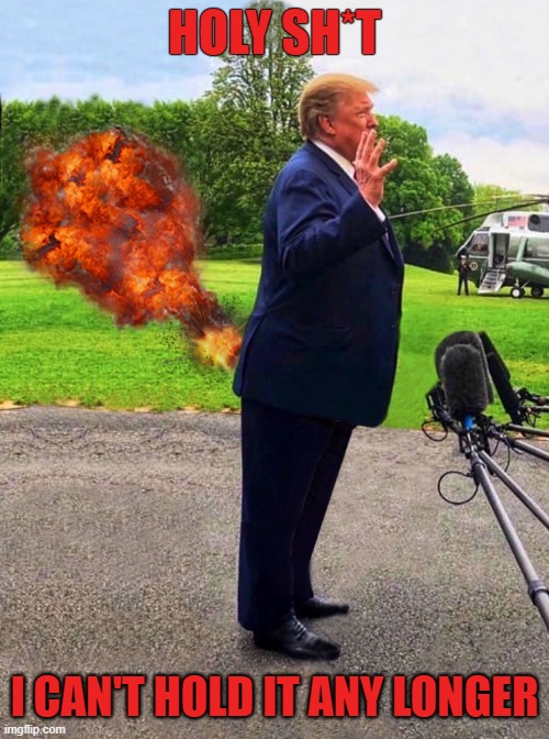 Dr. Immanuel's drugs made from Alien DNA may cause explosive side effects! | HOLY SH*T; I CAN'T HOLD IT ANY LONGER | image tagged in donald trump,hold fart,hot fart,fire fart,explosive diarrhea | made w/ Imgflip meme maker