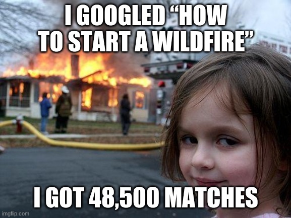 Disaster Girl | I GOOGLED “HOW TO START A WILDFIRE”; I GOT 48,500 MATCHES | image tagged in memes,disaster girl | made w/ Imgflip meme maker