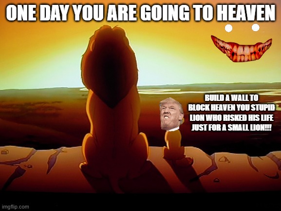 Lion King Meme | ONE DAY YOU ARE GOING TO HEAVEN; BUILD A WALL TO BLOCK HEAVEN YOU STUPID LION WHO RISKED HIS LIFE JUST FOR A SMALL LION!!! | image tagged in memes,lion king | made w/ Imgflip meme maker