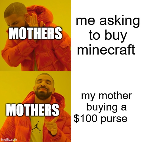 Drake Hotline Bling | me asking to buy minecraft; MOTHERS; my mother buying a $100 purse; MOTHERS | image tagged in memes,drake hotline bling | made w/ Imgflip meme maker