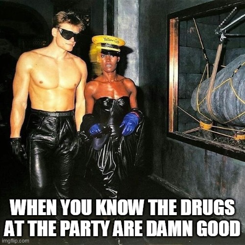 When you know the drugs at the party are damn good | WHEN YOU KNOW THE DRUGS AT THE PARTY ARE DAMN GOOD | image tagged in dolph lundgren and grace jones,funny,party,grace jones,dolph lundgren,drugs | made w/ Imgflip meme maker