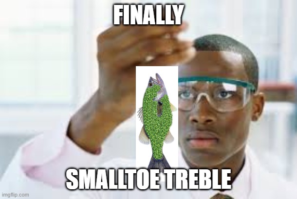 Let's go fishing, bruther | FINALLY; SMALLTOE TREBLE | image tagged in finally | made w/ Imgflip meme maker