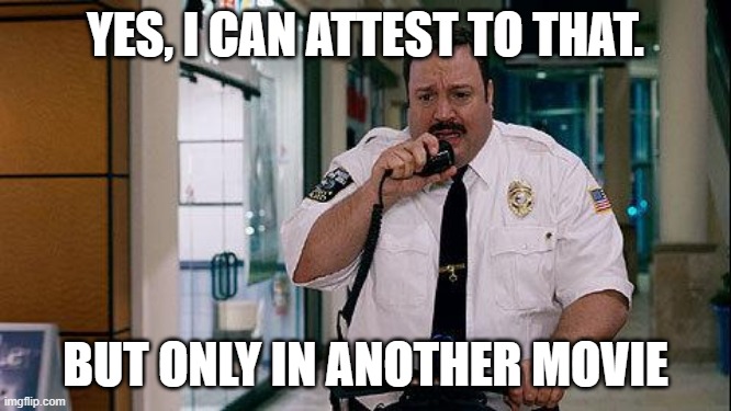Paul Blart | YES, I CAN ATTEST TO THAT. BUT ONLY IN ANOTHER MOVIE | image tagged in paul blart | made w/ Imgflip meme maker