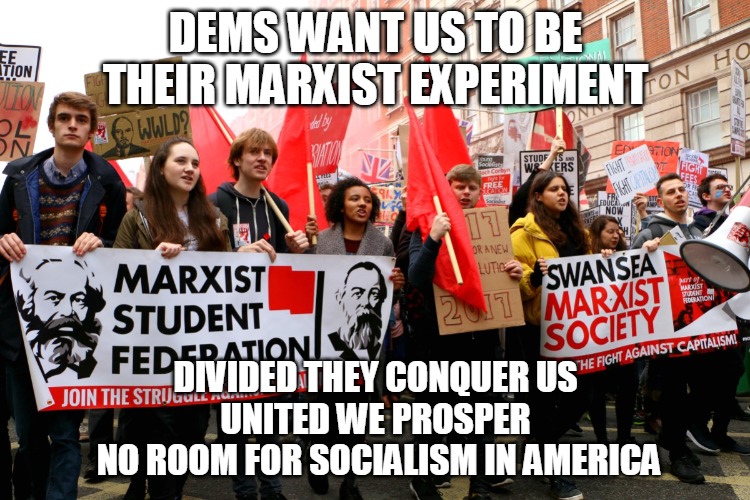 Marxist Experiment | DEMS WANT US TO BE THEIR MARXIST EXPERIMENT; DIVIDED THEY CONQUER US
UNITED WE PROSPER
 NO ROOM FOR SOCIALISM IN AMERICA | image tagged in dems,marxist,experiment,divided,united,socialism | made w/ Imgflip meme maker