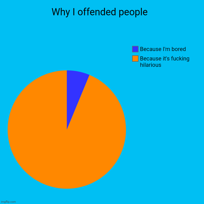 Why I offended people  | Because it's fucking hilarious , Because I'm bored | image tagged in charts,pie charts | made w/ Imgflip chart maker