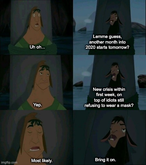 Emperor's New Groove Waterfall  | Lemme guess, another month into 2020 starts tomorrow? Uh oh... Yep. New crisis within first week, on top of idiots still refusing to wear a mask? Most likely. Bring it on. | image tagged in emperor's new groove waterfall | made w/ Imgflip meme maker