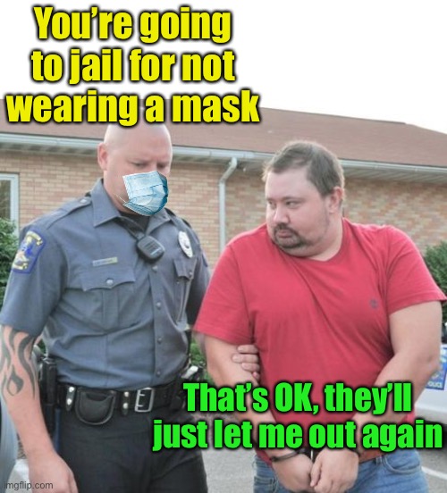 City lets prisoners out because of pandemic | You’re going to jail for not
wearing a mask; That’s OK, they’ll just let me out again | image tagged in man get arrested,face mask | made w/ Imgflip meme maker