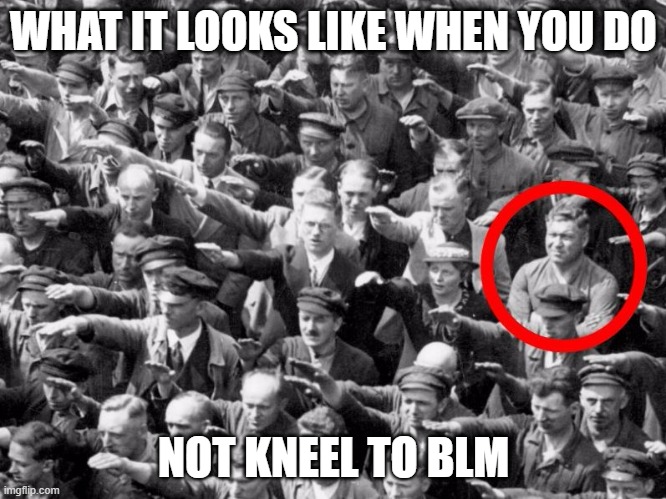 Not following the mob mentality | WHAT IT LOOKS LIKE WHEN YOU DO; NOT KNEEL TO BLM | image tagged in no nazi salute | made w/ Imgflip meme maker