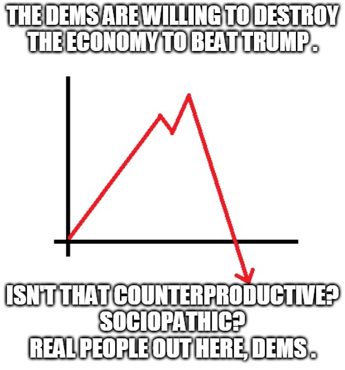 Destroy the Economy | THE DEMS ARE WILLING TO DESTROY
THE ECONOMY TO BEAT TRUMP . ISN'T THAT COUNTERPRODUCTIVE?
SOCIOPATHIC?
REAL PEOPLE OUT HERE, DEMS . | image tagged in dems,destroy,economy,graph,sociopathic,real people | made w/ Imgflip meme maker
