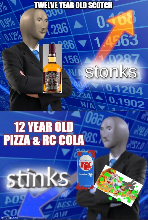 TWELVE YEAR OLD SCOTCH; 12 YEAR OLD PIZZA & RC COLA | image tagged in stonks,stinks | made w/ Imgflip meme maker