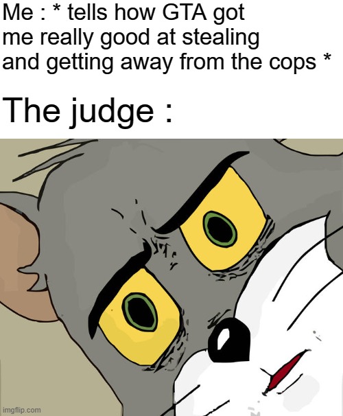 Unsettled Tom Meme | Me : * tells how GTA got me really good at stealing and getting away from the cops *; The judge : | image tagged in memes,unsettled tom | made w/ Imgflip meme maker