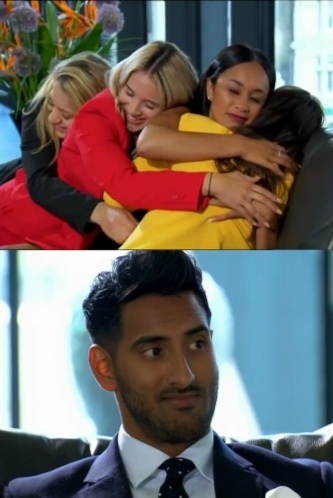 Girls hug each other while man sits alone Blank Meme Template