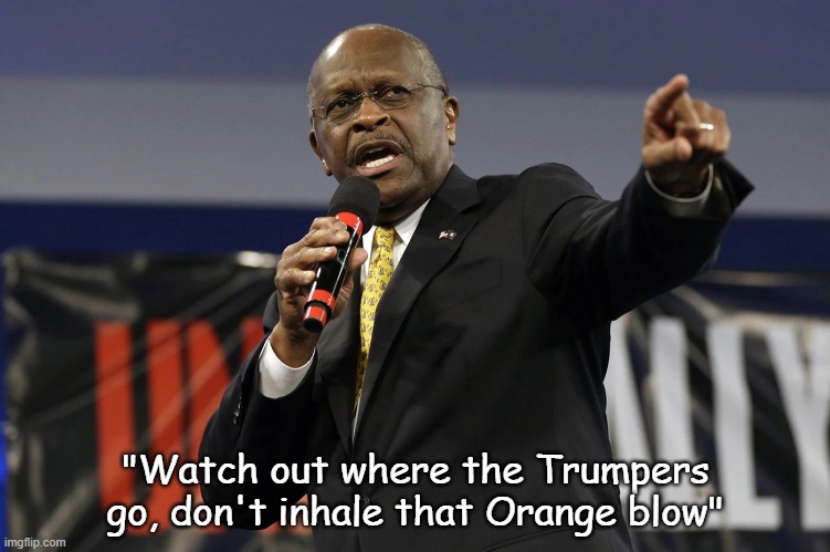"Watch out where the Trumpers go, don't inhale that Orange blow" | image tagged in herman caine,coronavirus,democrat,liberal | made w/ Imgflip meme maker