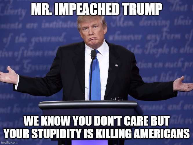 The Majority of Americans Hate Trump | MR. IMPEACHED TRUMP; WE KNOW YOU DON'T CARE BUT YOUR STUPIDITY IS KILLING AMERICANS | image tagged in pandemic,covid-19,coronavirus,trumps equals death,liar,psychopath | made w/ Imgflip meme maker