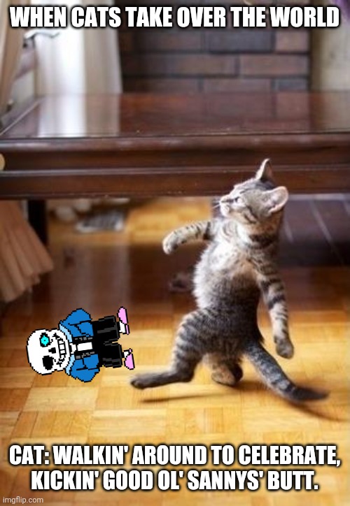 Sad time sans | WHEN CATS TAKE OVER THE WORLD; CAT: WALKIN' AROUND TO CELEBRATE, KICKIN' GOOD OL' SANNYS' BUTT. | image tagged in memes,cool cat stroll,sans | made w/ Imgflip meme maker