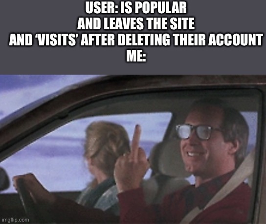 Griswold middle finger | USER: IS POPULAR AND LEAVES THE SITE AND ‘VISITS’ AFTER DELETING THEIR ACCOUNT
ME: | image tagged in griswold middle finger | made w/ Imgflip meme maker