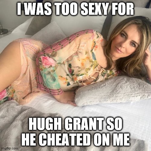 lovely liz hurley | I WAS TOO SEXY FOR; HUGH GRANT SO HE CHEATED ON ME | image tagged in lovely liz hurley | made w/ Imgflip meme maker