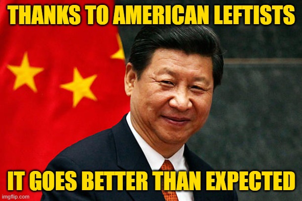 Xi Jinping | THANKS TO AMERICAN LEFTISTS IT GOES BETTER THAN EXPECTED | image tagged in xi jinping | made w/ Imgflip meme maker