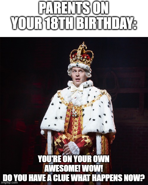 i am very proud to have come up with this meme XDDDD | PARENTS ON YOUR 18TH BIRTHDAY:; YOU'RE ON YOUR OWN
AWESOME! WOW!
DO YOU HAVE A CLUE WHAT HAPPENS NOW? | image tagged in king george hamilton,parents,adult,hamilton,memes,funny | made w/ Imgflip meme maker