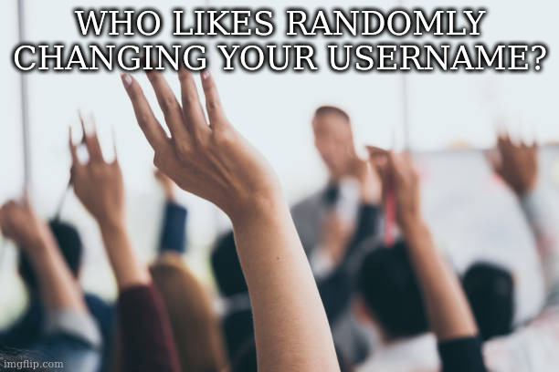 Hands up | WHO LIKES RANDOMLY CHANGING YOUR USERNAME? | image tagged in hands up | made w/ Imgflip meme maker