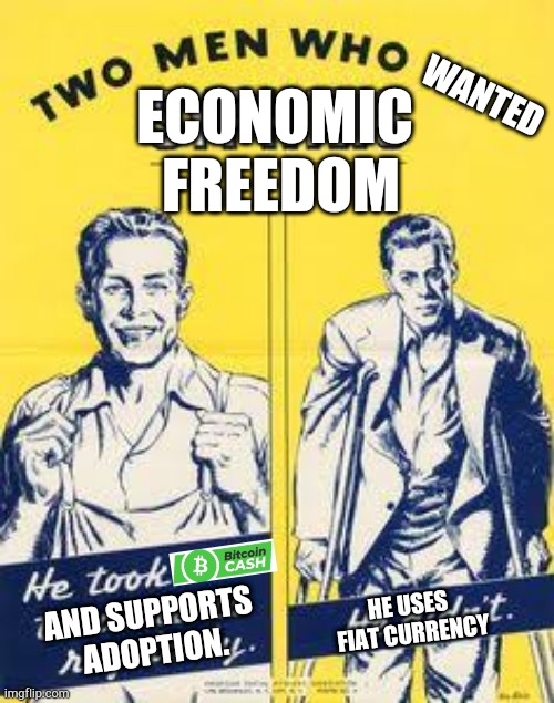 ECONOMIC 
FREEDOM; WANTED; HE USES 
FIAT CURRENCY; AND SUPPORTS 
ADOPTION. | made w/ Imgflip meme maker