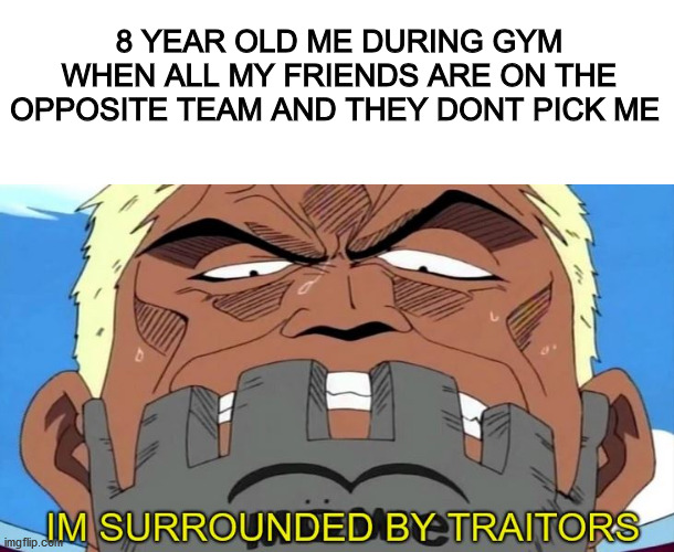 im surrounded by traitors | 8 YEAR OLD ME DURING GYM WHEN ALL MY FRIENDS ARE ON THE OPPOSITE TEAM AND THEY DONT PICK ME | image tagged in im surrounded by traitors | made w/ Imgflip meme maker