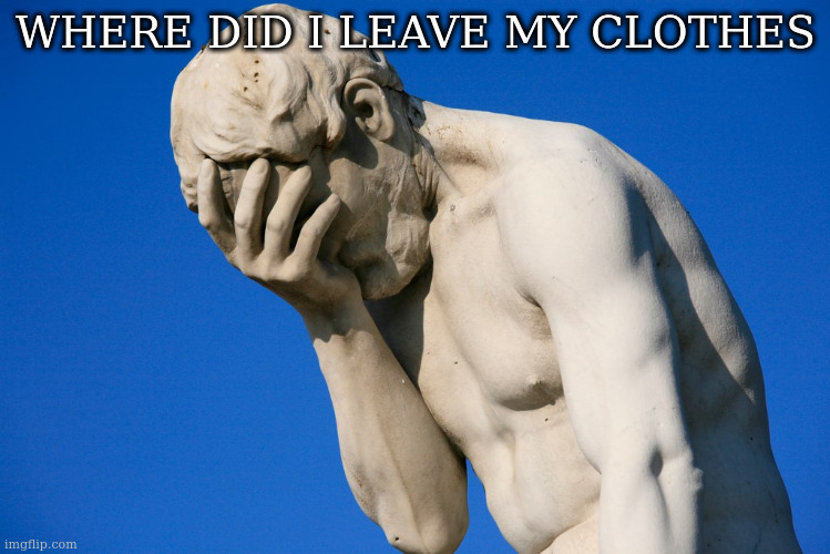 Embarrassed statue  | WHERE DID I LEAVE MY CLOTHES | image tagged in embarrassed statue | made w/ Imgflip meme maker