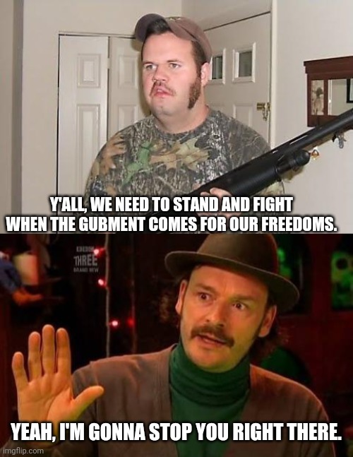 2nd amendment myopia. | Y'ALL, WE NEED TO STAND AND FIGHT WHEN THE GUBMENT COMES FOR OUR FREEDOMS. YEAH, I'M GONNA STOP YOU RIGHT THERE. | image tagged in redneck wonder,howard moon please don't ever talk to me again in your life | made w/ Imgflip meme maker