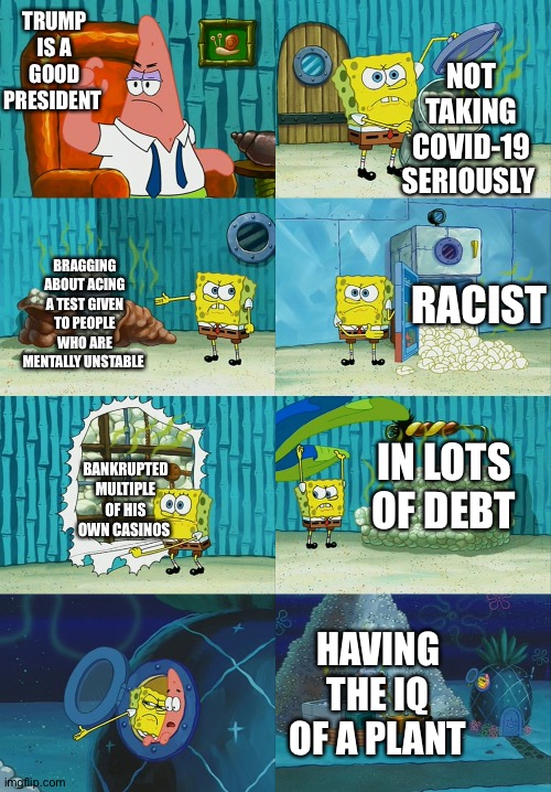 Spongebob diapers meme | NOT TAKING COVID-19 SERIOUSLY; TRUMP IS A GOOD PRESIDENT; RACIST; BRAGGING ABOUT ACING A TEST GIVEN TO PEOPLE WHO ARE MENTALLY UNSTABLE; BANKRUPTED MULTIPLE OF HIS OWN CASINOS; IN LOTS OF DEBT; HAVING THE IQ OF A PLANT | image tagged in spongebob diapers meme | made w/ Imgflip meme maker