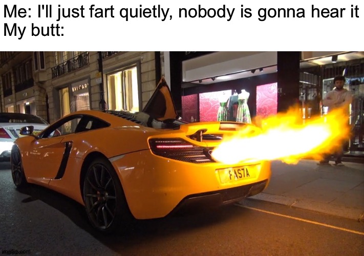 I couldn't hold it in anymore | Me: I'll just fart quietly, nobody is gonna hear it
My butt: | image tagged in memes,funny,mclaren,mclaren fire,mclaren exaust,fart | made w/ Imgflip meme maker