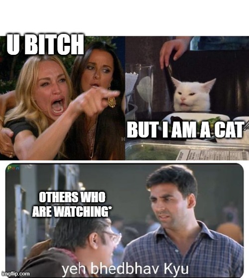 MEME | U BITCH; BUT I AM A CAT; OTHERS WHO ARE WATCHING* | image tagged in memes,woman yelling at cat,yeh bhedbhav kyu | made w/ Imgflip meme maker