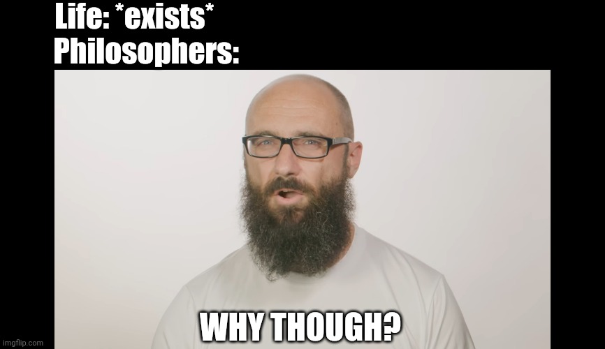 Why Though? | Life: *exists*
    Philosophers:; WHY THOUGH? | image tagged in vsauce | made w/ Imgflip meme maker