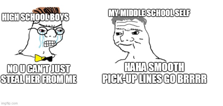 nooo haha go brrr | MY MIDDLE SCHOOL SELF; HIGH SCHOOL BOYS; HAHA SMOOTH PICK-UP LINES GO BRRRR; NO U CAN'T JUST STEAL HER FROM ME | image tagged in nooo haha go brrr | made w/ Imgflip meme maker