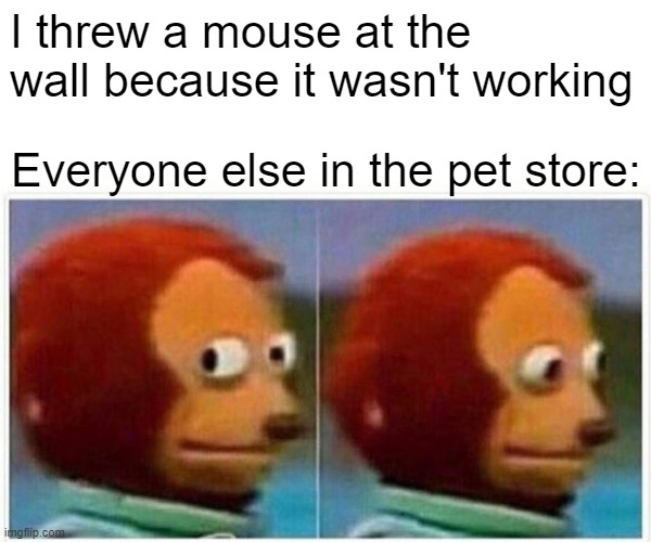 Click Click Crack | I threw a mouse at the wall because it wasn't working; Everyone else in the pet store: | image tagged in memes,monkey puppet | made w/ Imgflip meme maker