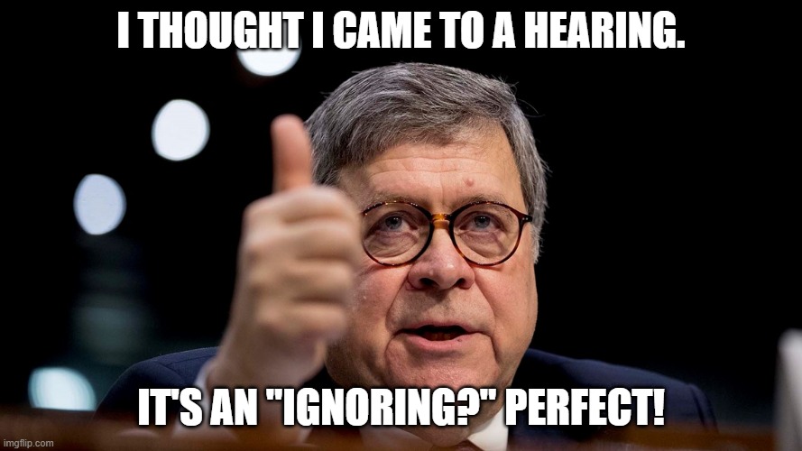 Bill Barr |  I THOUGHT I CAME TO A HEARING. IT'S AN "IGNORING?" PERFECT! | image tagged in bill barr,congress | made w/ Imgflip meme maker