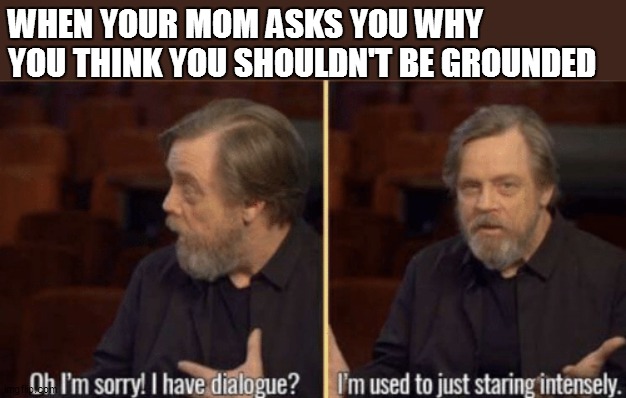 oh i'm sorry! i have dialogue? | WHEN YOUR MOM ASKS YOU WHY YOU THINK YOU SHOULDN'T BE GROUNDED | image tagged in oh i'm sorry i have dialogue | made w/ Imgflip meme maker