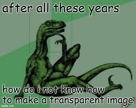 c'mon guys..........please help...... | after all these years; how do i not know how to make a transparent image | image tagged in philosoraptor 20 | made w/ Imgflip meme maker
