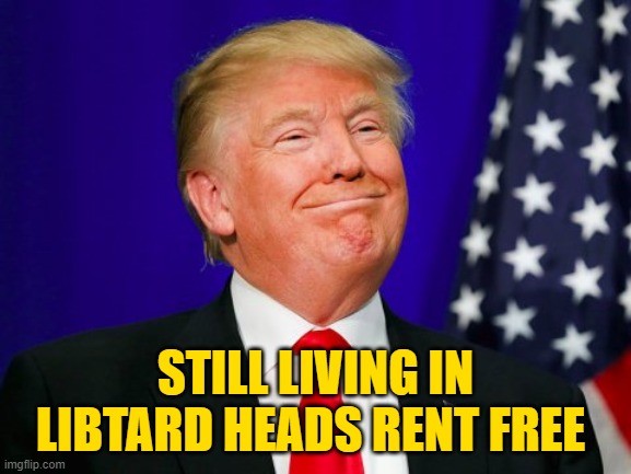 Trump Smile | STILL LIVING IN LIBTARD HEADS RENT FREE | image tagged in trump smile | made w/ Imgflip meme maker