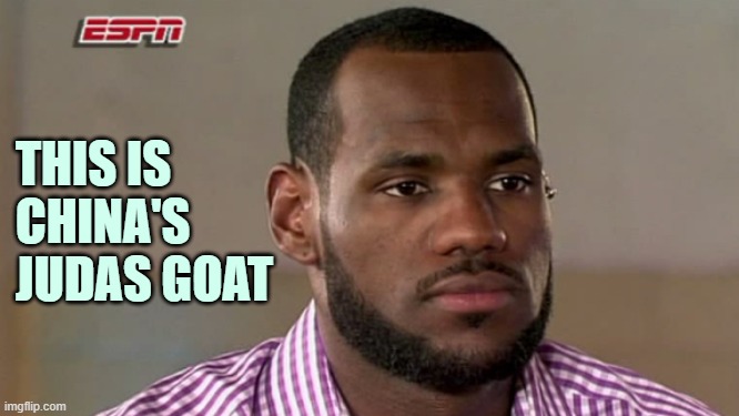 LeBron James The Decision | THIS IS 
CHINA'S 
JUDAS GOAT | image tagged in lebron james the decision | made w/ Imgflip meme maker