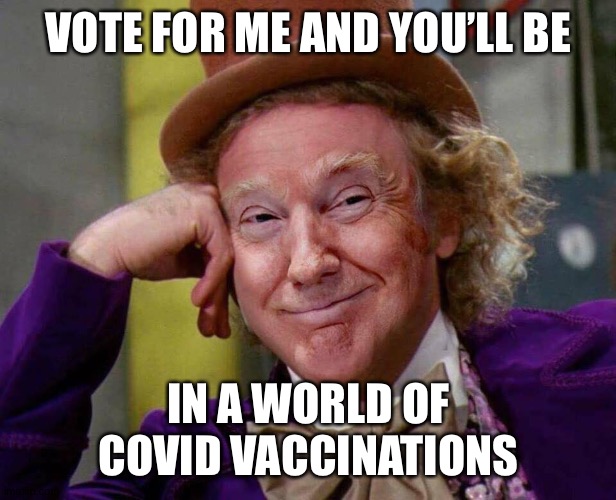 Covid vaccinations | VOTE FOR ME AND YOU’LL BE; IN A WORLD OF COVID VACCINATIONS | image tagged in donald trump willy wonka | made w/ Imgflip meme maker