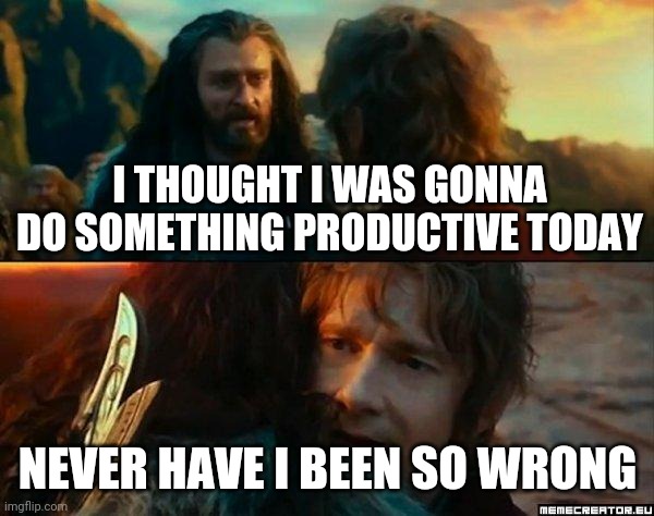 Never Have I Been So Wrong | I THOUGHT I WAS GONNA DO SOMETHING PRODUCTIVE TODAY; NEVER HAVE I BEEN SO WRONG | image tagged in never have i been so wrong | made w/ Imgflip meme maker