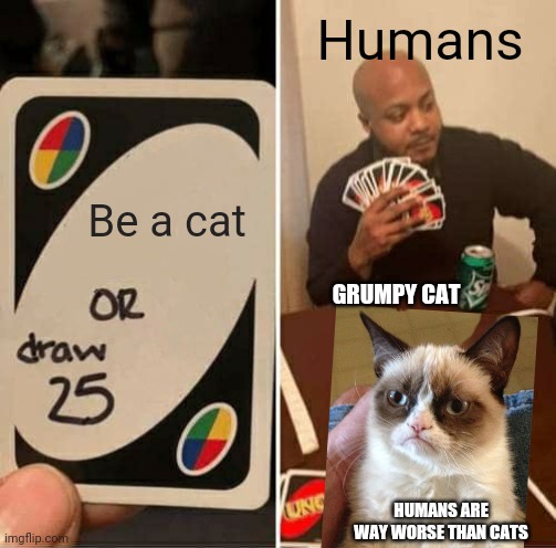 Crossover | Humans; Be a cat; GRUMPY CAT; HUMANS ARE WAY WORSE THAN CATS | image tagged in memes,uno draw 25 cards,cats,grumpy cat,humans | made w/ Imgflip meme maker