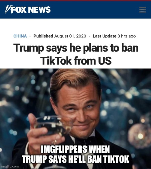 Cheers to that | IMGFLIPPERS WHEN TRUMP SAYS HE'LL BAN TIKTOK | image tagged in memes,leonardo dicaprio cheers | made w/ Imgflip meme maker